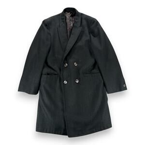 Vintage Tempo Coat Adult SMALL Black Wool Herringbone Overcoat Satin USA 70s